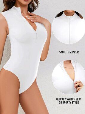 Sleeveless White Bodysuit Zip Front Women XL